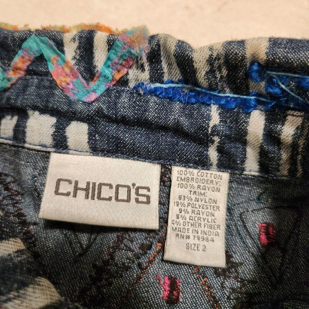 Chico's Womens Size 2 Embroidered Western Colorful‎ Art Soft Denim Button Jacket - Picture 5 of 10